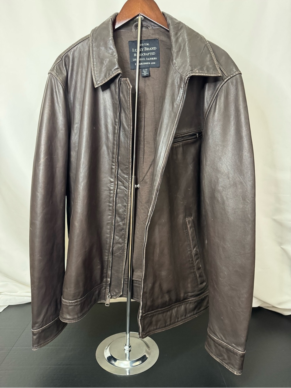 Lucky Brand Dark Brown Leather Bomber Jacket men’s XL.